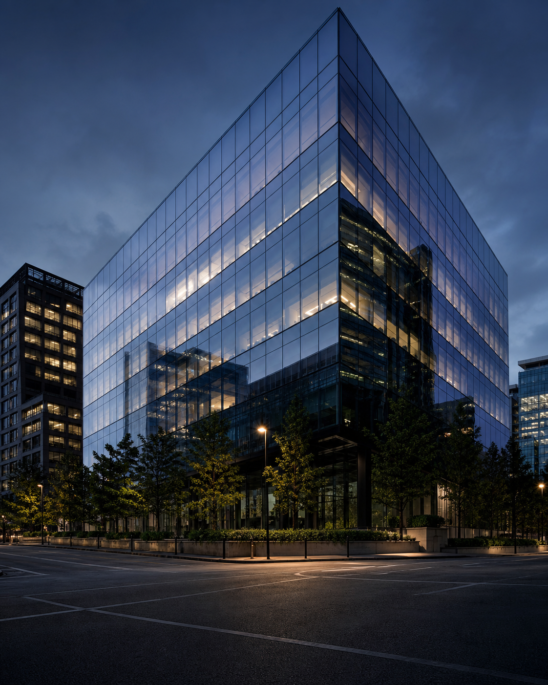 Edifício corporativo envidraçado iluminado ao anoitecer