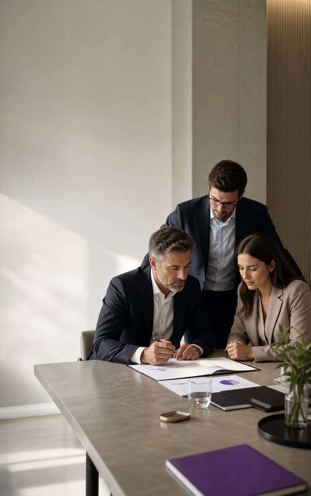 Equipe executiva revisa documentos e indicadores em uma reunião